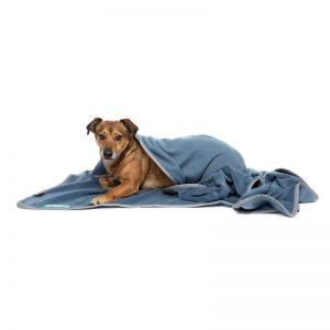 Dogline accessoires honden deken doctor bark fleece deken blauw hond op de grond