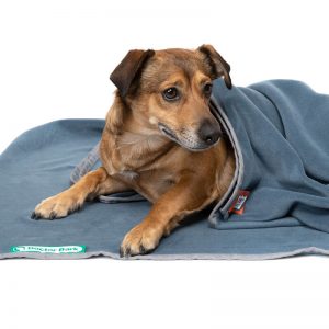 Dogline accessoires honden deken doctor bark fleece deken blauw hond liggend op de grond close up