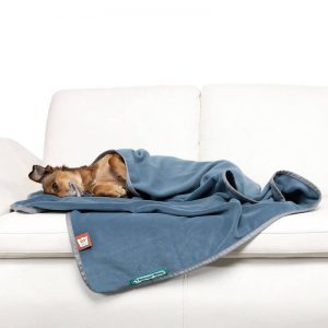 Dogline accessoires honden deken doctor bark fleece deken blauw hond liggend op de bank close up 1