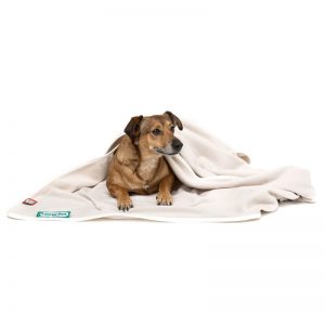 Dogline accessoires honden deken doctor bark fleece deken licht beige hond op de grond