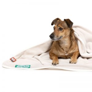 Dogline accessoires honden deken doctor bark fleece deken licht beige op de grond met hond