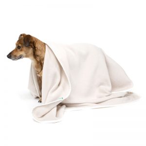 Dogline accessoires honden deken doctor bark fleece deken licht beige staand met deken over hond 2